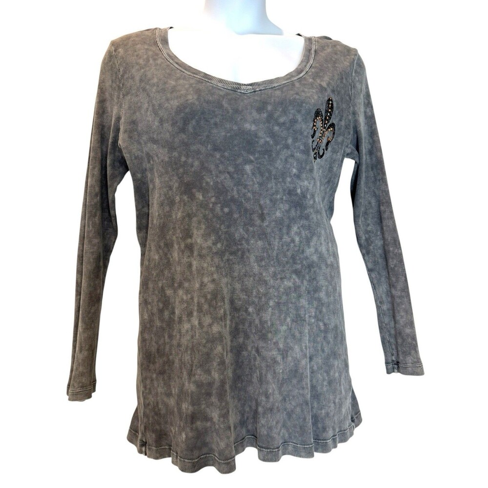 Women’s Gray Mineral Washed Top Rhinestone Fleur De Lis Size XXL By Central Park